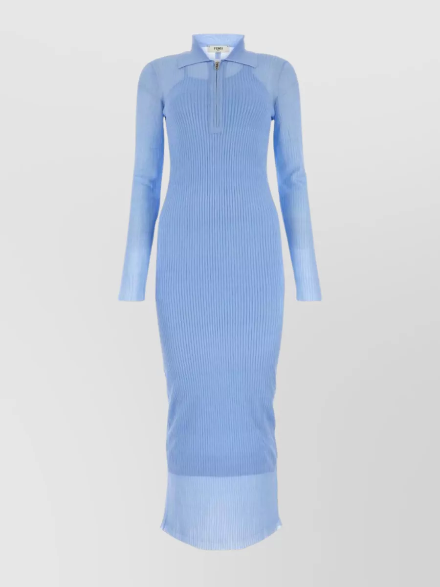 Shop Fendi Silk Blend Dress With Long Sleeves And Flared Hem In Blue