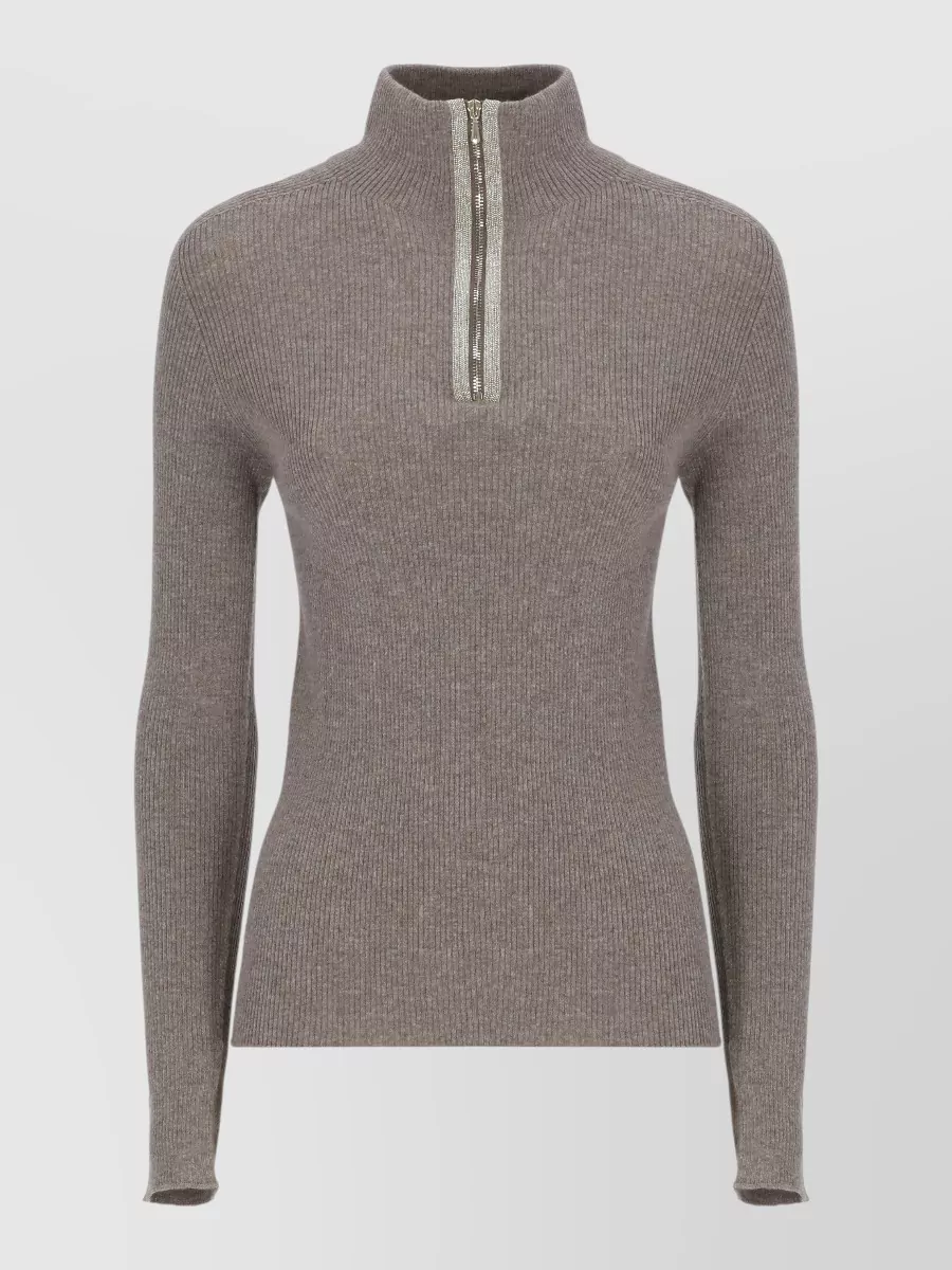 D.exterior Wool Ribbed High Neck Zip Jumper