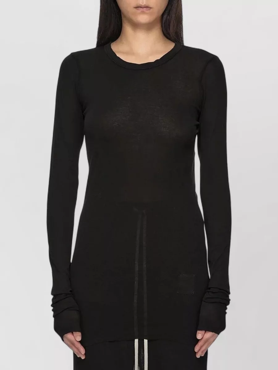Rick Owens Drkshdw Cotton slim-fit long-sleeve t-shirt — The ultra-fine longline black knit layers cleanly into the high-waist micro mini, echoing its DRKSHDW attitude while keeping the palette dark and streamlined against the faded denim.