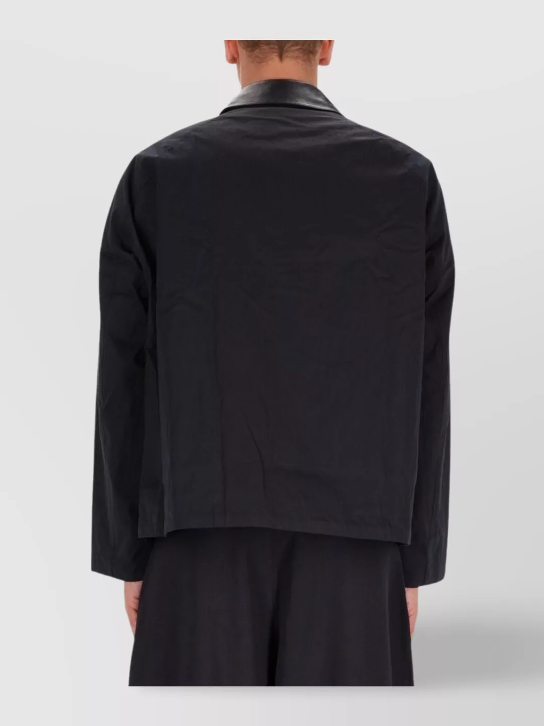 Studio Nicholson Long Sleeve Jacket With Front Pockets And Leather Collar In Black
