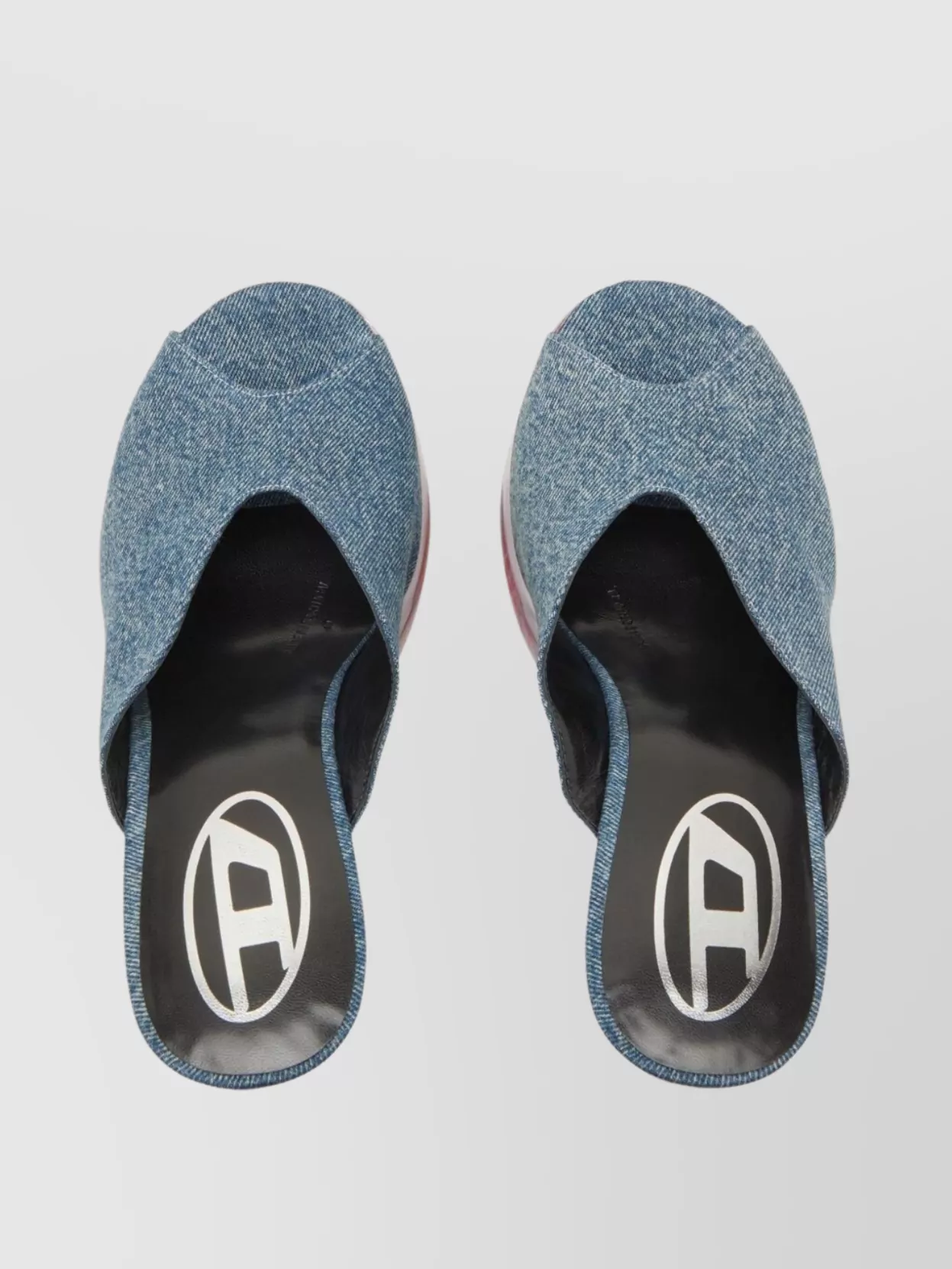 Diesel Denim Peep Toe Platform Mules With Transparent Heel