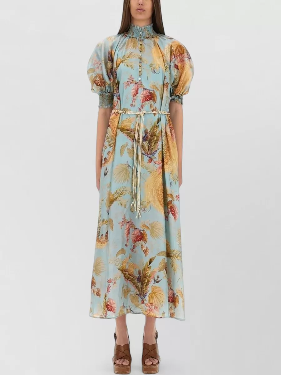 Zimmermann silk ascension printed high neck puff sleeve maxi dress