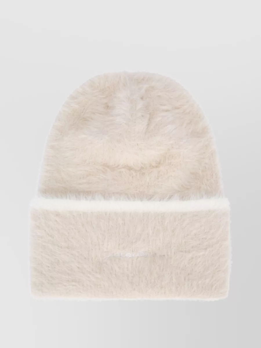 Shop Jacquemus Textured Fur Ribbed Hat In Beige