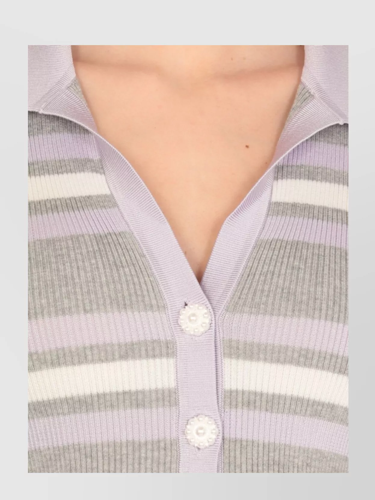 Self-portrait Grey Cardigan With Spread Collar And All-over Striped Motif In Viscose Blend Woman In Multi
