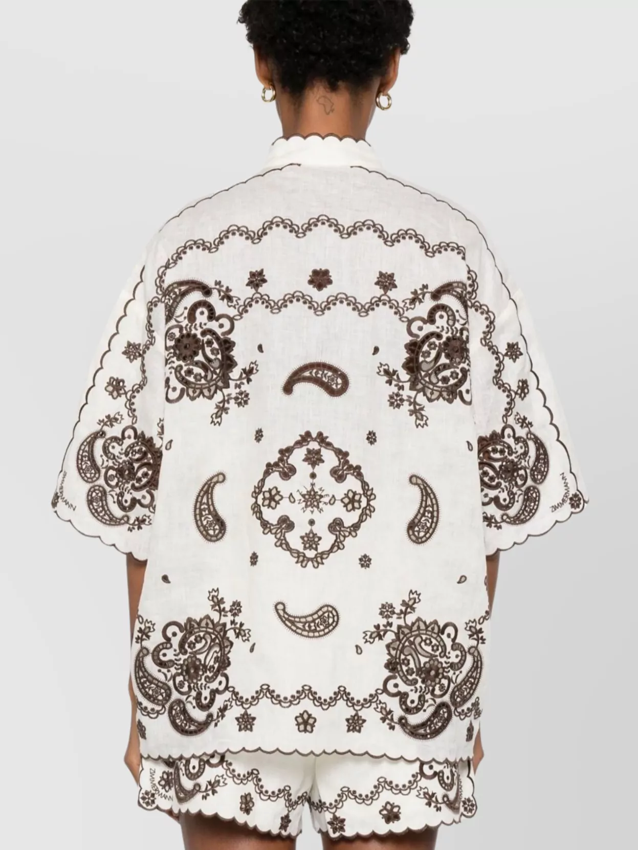 Zimmermann Linen Embroidered Short-Sleeve Mock-Neck Blouse