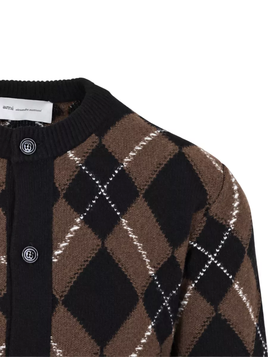 Ami Paris Wool Argyle Crewneck Cardigan