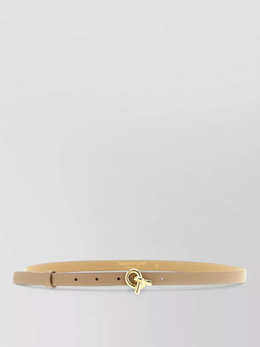 Fabiana Filippi Leather knot buckle belt — The slim beige-taupe Fabiana Filippi belt can quietly refine the wrap waist if desired, matching the warm neutrals without interrupting the dress’s fluid lines.