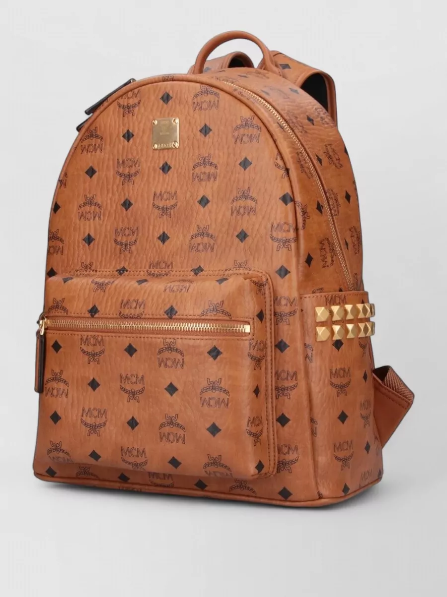 Mcm Backpack Studded Front Zip Pocket Adjustable Straps