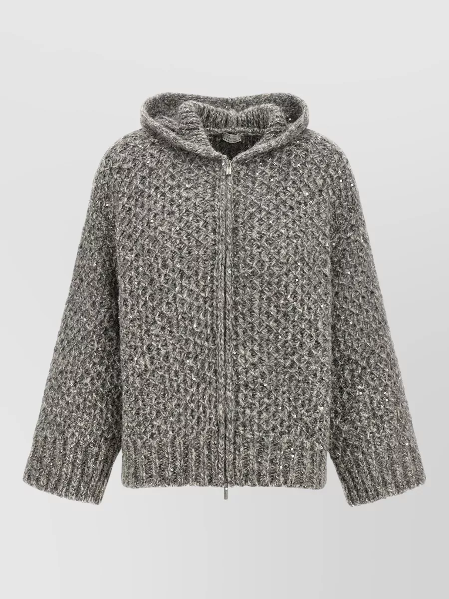Peserico alpaca wool sequin hooded zipped cardigan