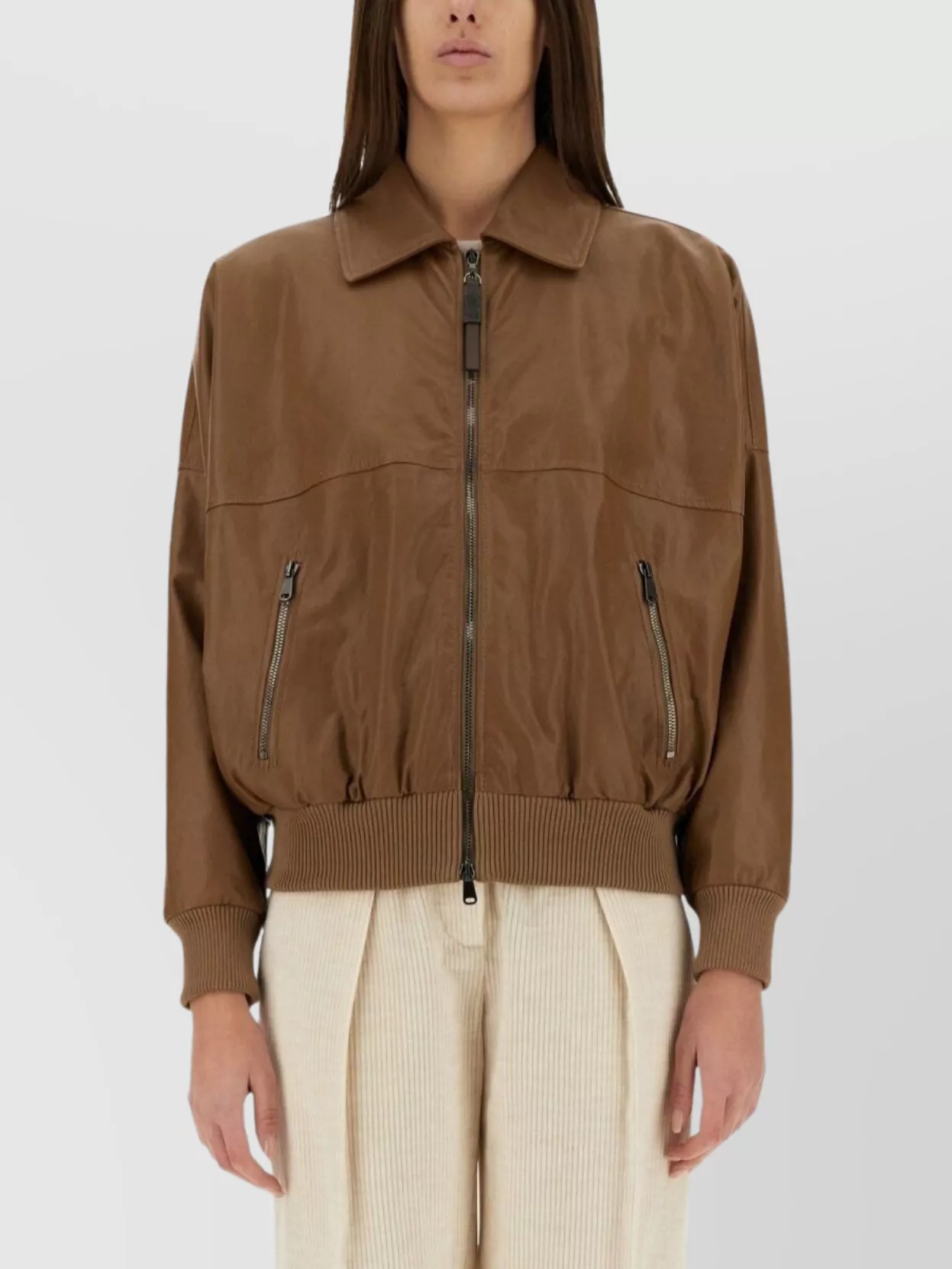 Brunello Cucinelli Collared Neck Leather Jacket With Ribbed Cuffs