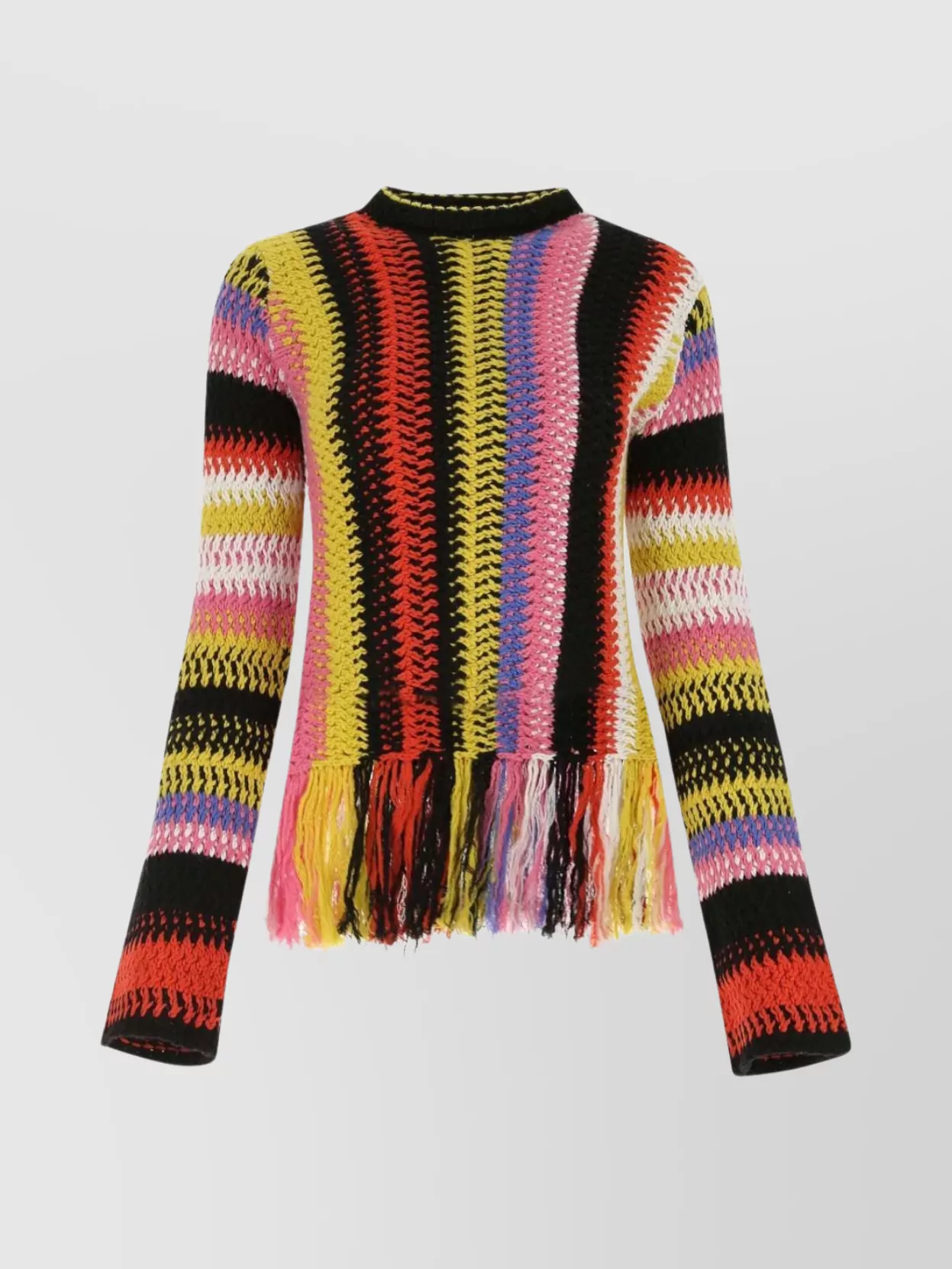 Shop Chloé Striped Cashmere Blend Sweater With Fringe Detail