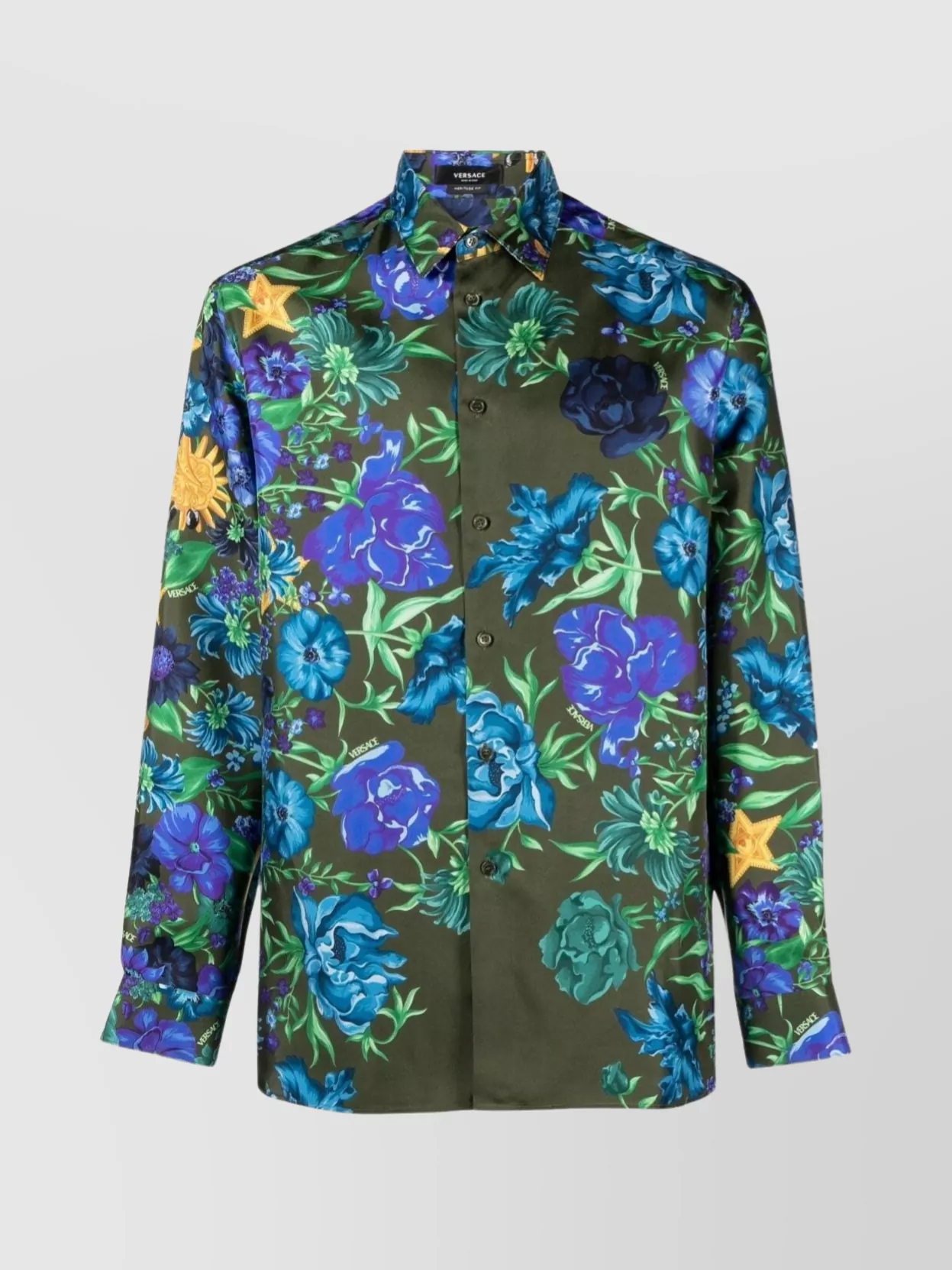 Shop Versace Floral Silk Shirt With Refined Collar In Khaki