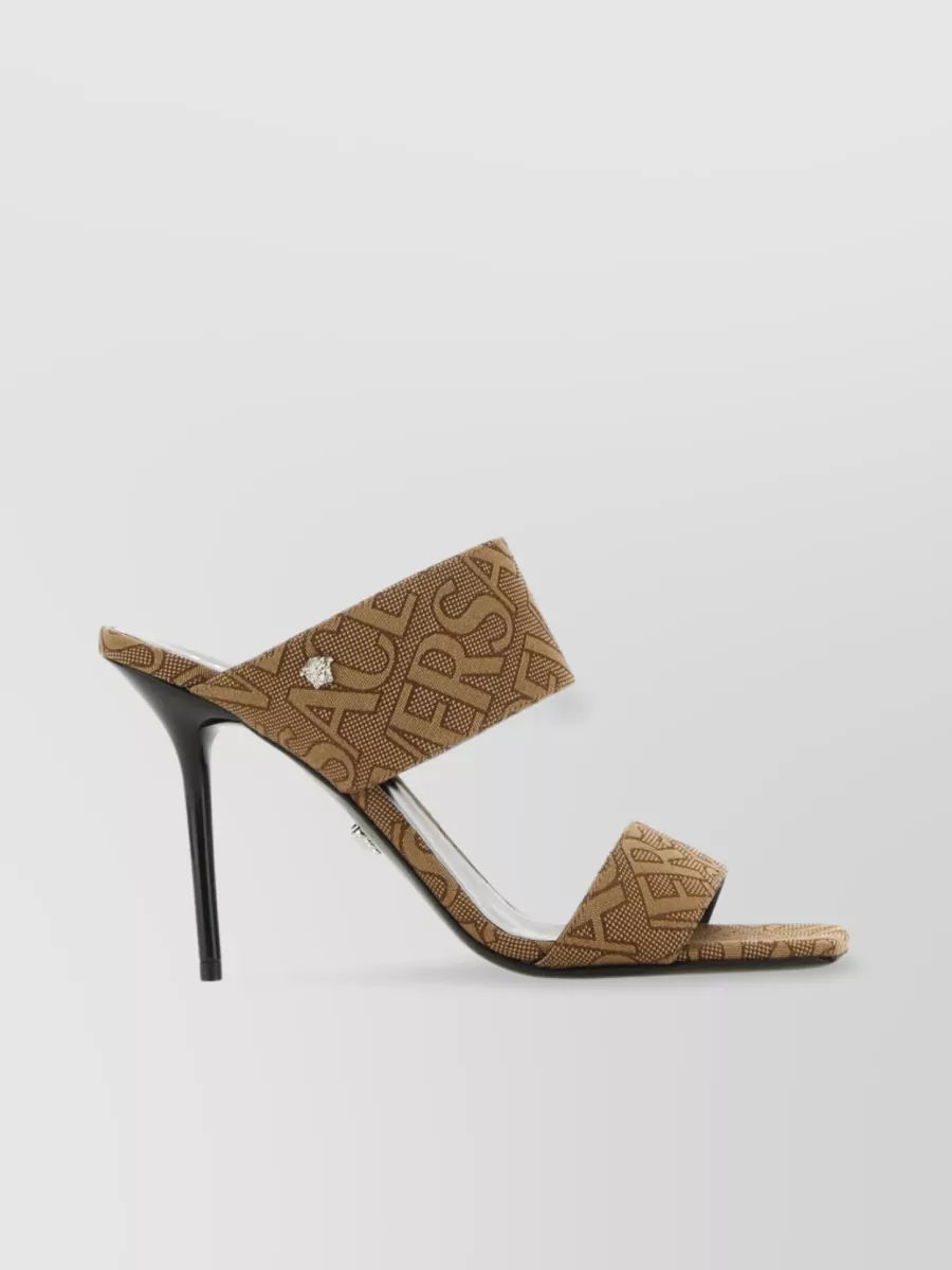 Shop Versace Squared Toe Stiletto Heel Jacquard Embroidered Mules In Brown