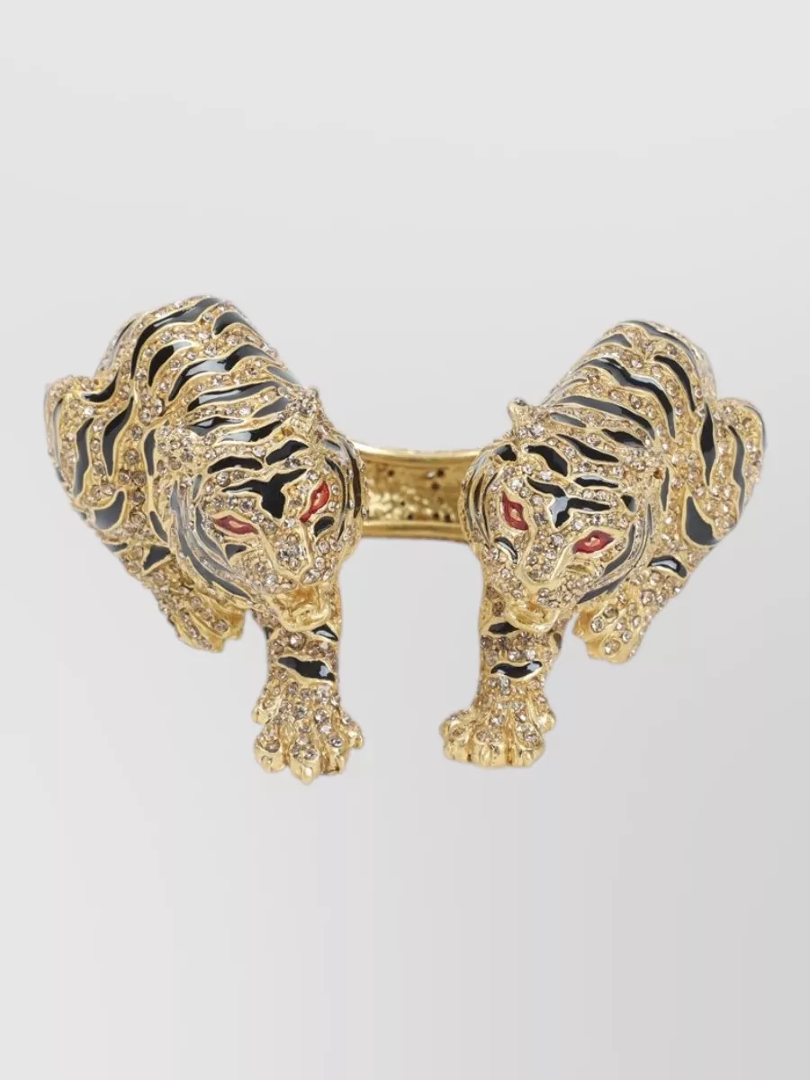 Roberto Cavalli Tiger Crystal Open Cuff Textured Bracelet