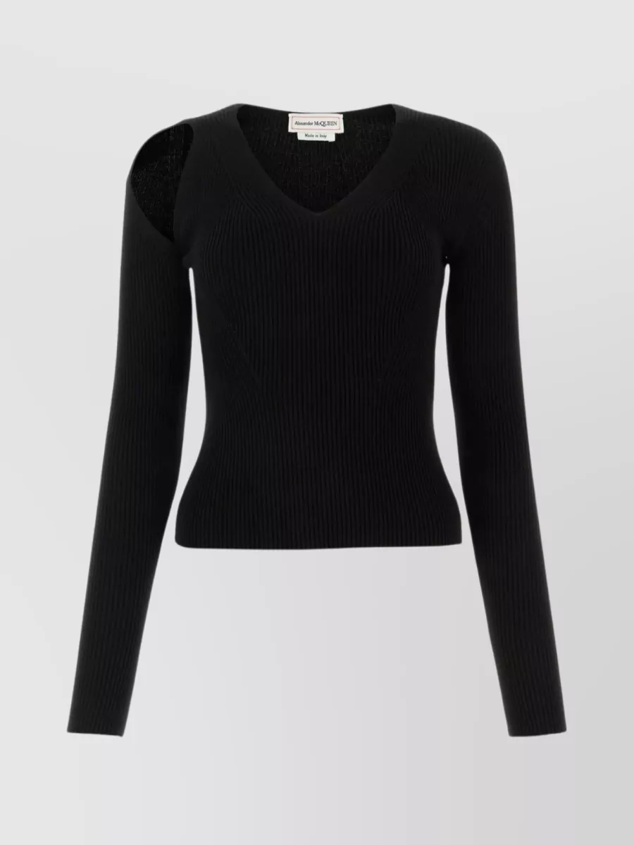 Shop Alexander Mcqueen Wool Blend V-neck Sweater With Cut-out Detail In Black