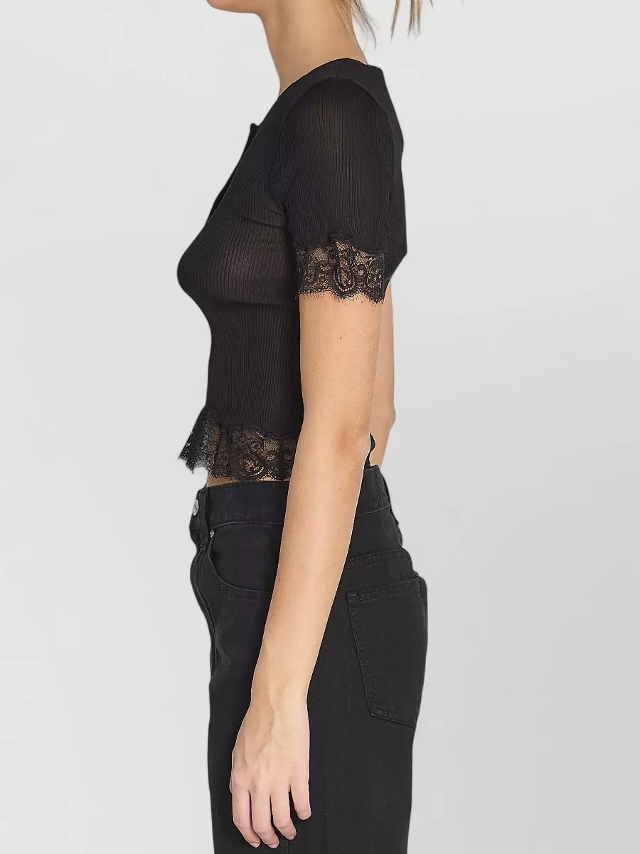 Saint Laurent Silk Ribbed Lace-Trim Henley T-Shirt