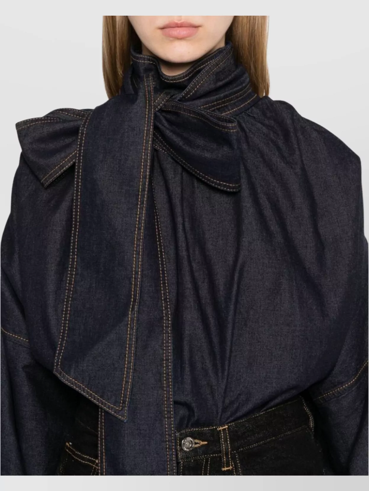 Zimmermann Denim Blouse With Balloon Sleeves And Bow Detail