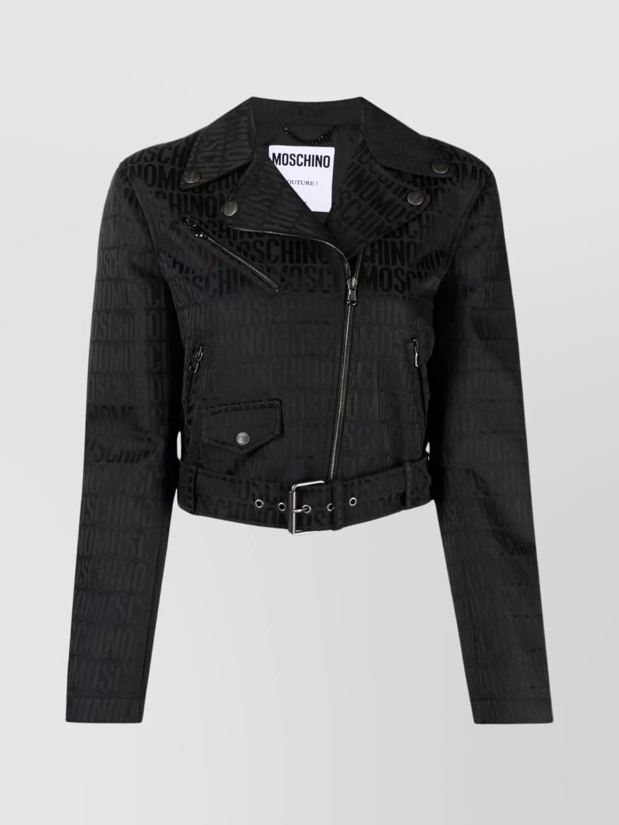 Shop Moschino Cropped Belted Blazer With Flap Pockets In Black