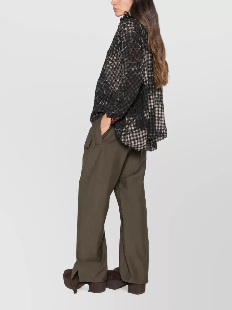 Daniela Gregis Wool Checked Crinkled V-Neck Long-Sleeve Blouse
