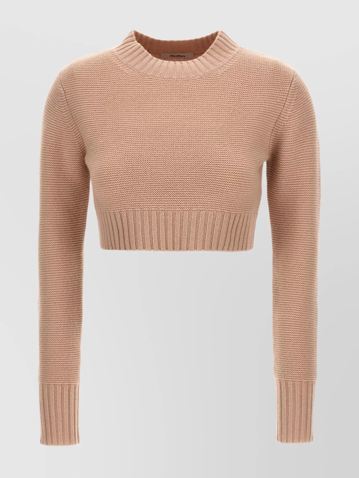 Max Mara Cropped Crew Neck Sweater With Ribbed Cuffs In Neutral