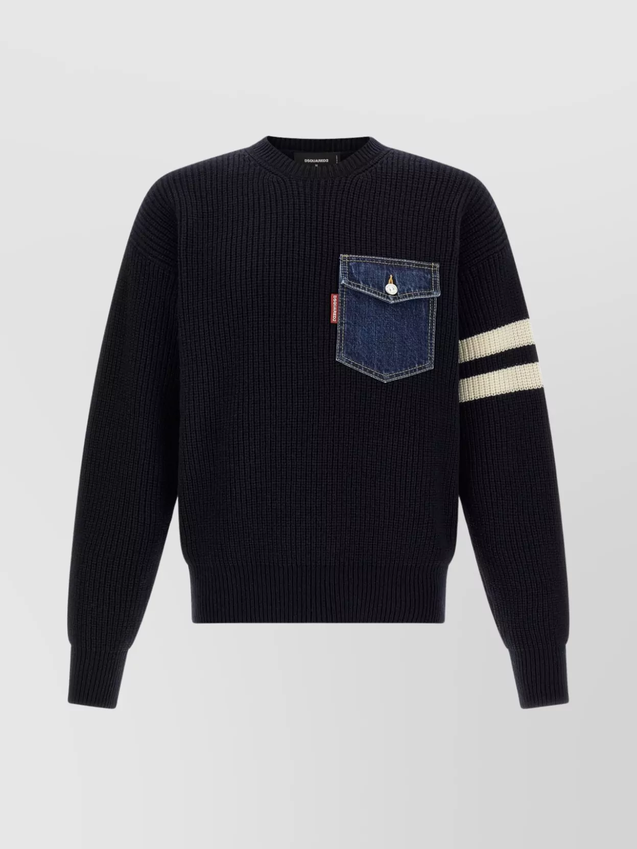 Dsquared2 Crew Neck Denim Pocket Sweater With Striped Sleeves In Black