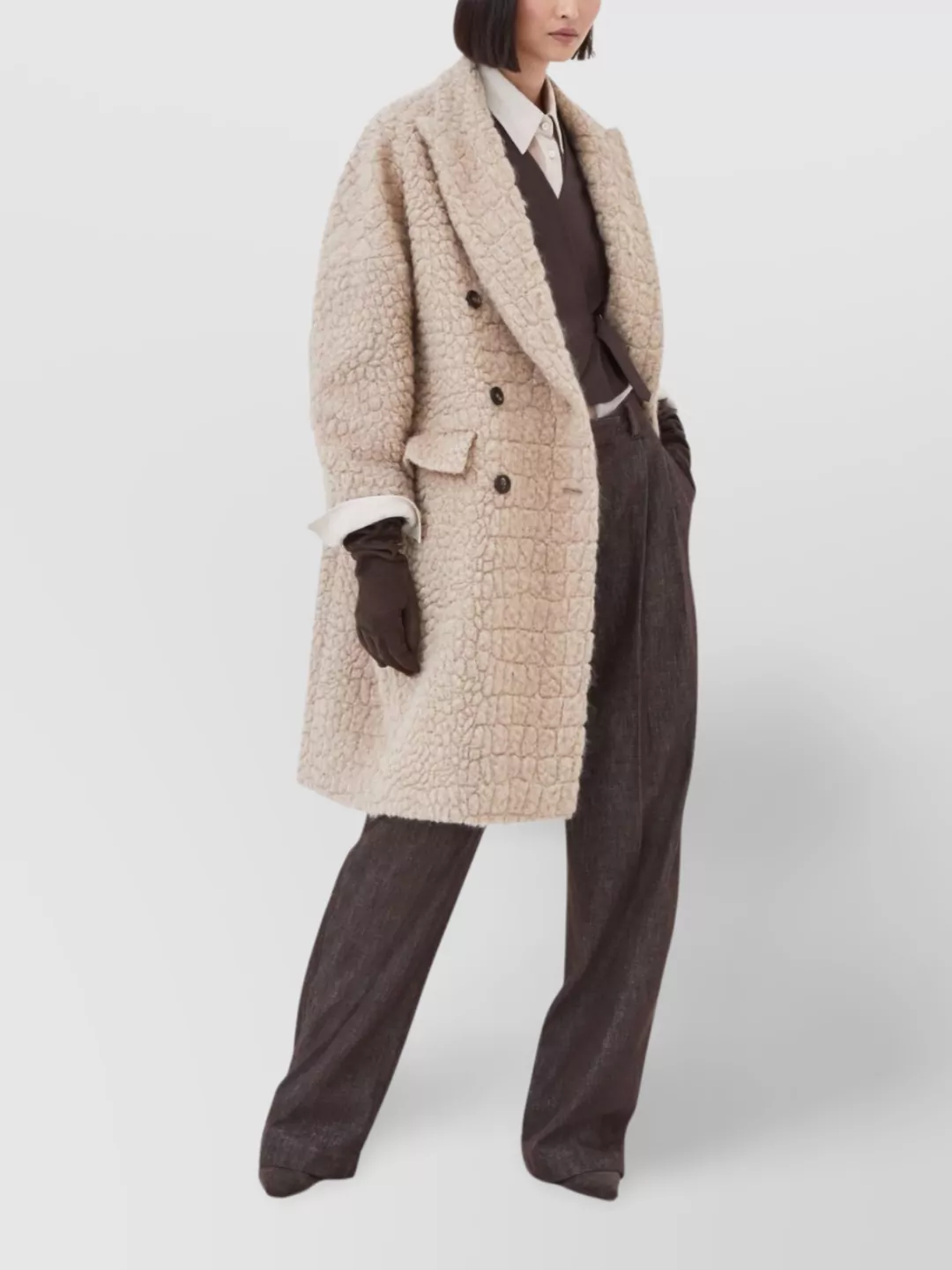 Brunello Cucinelli Boucle Double-Breasted Coat Sequin Embellishment