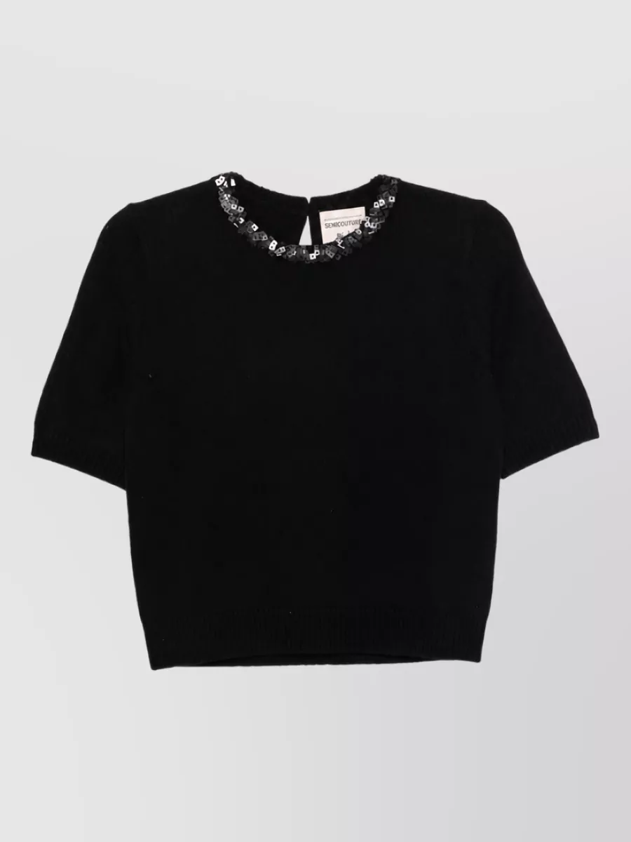 Semicouture Cashmere wool sequin-embellished short-sleeve crew-neck knitted top
