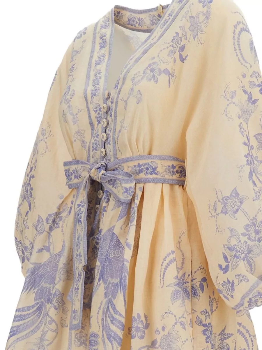 Zimmermann Linen Floral-Print V-Neck Long-Sleeve Mini Dress