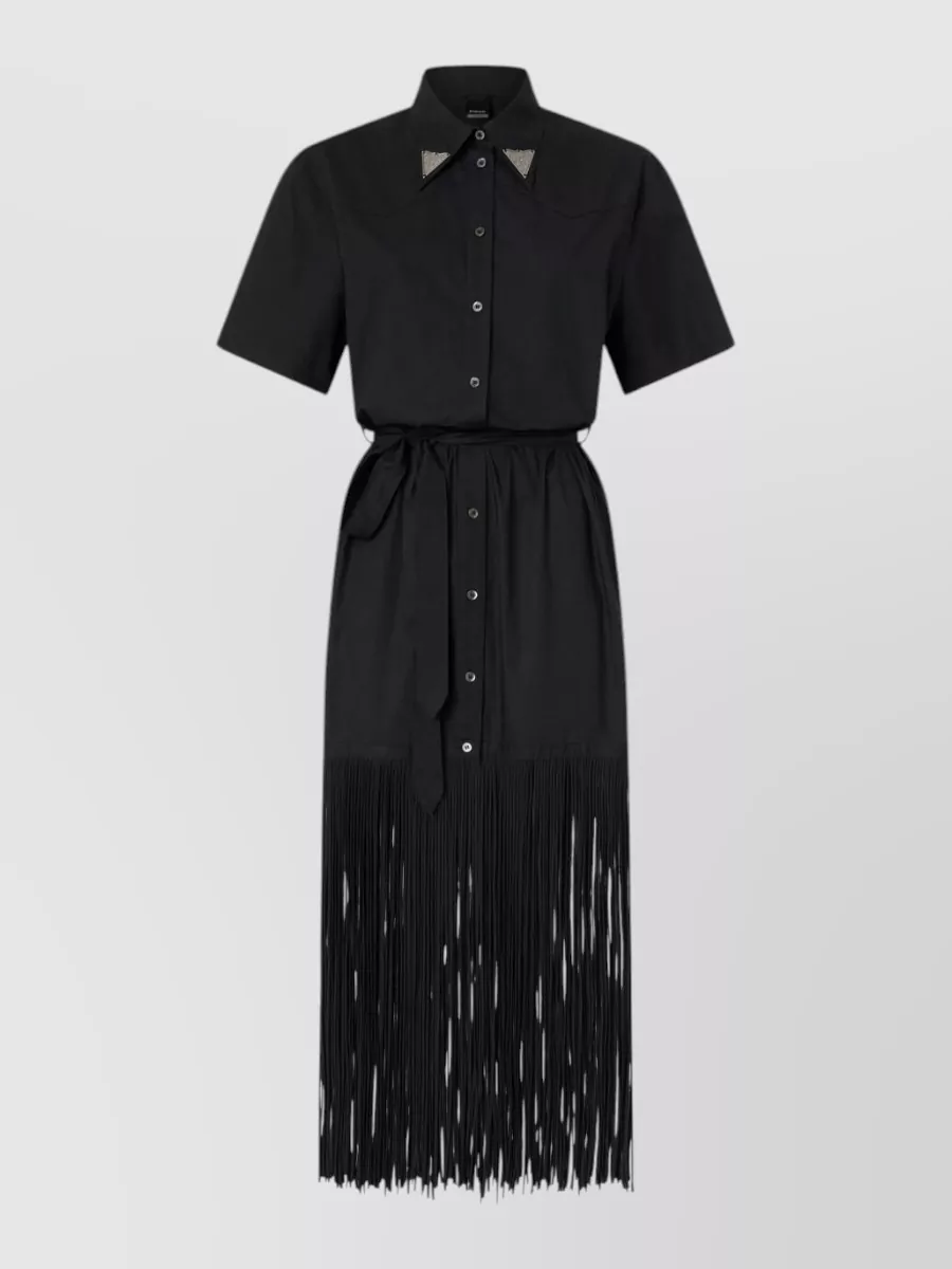 Pinko Cotton Poplin Shirt-Collar Fringe Midi Dress