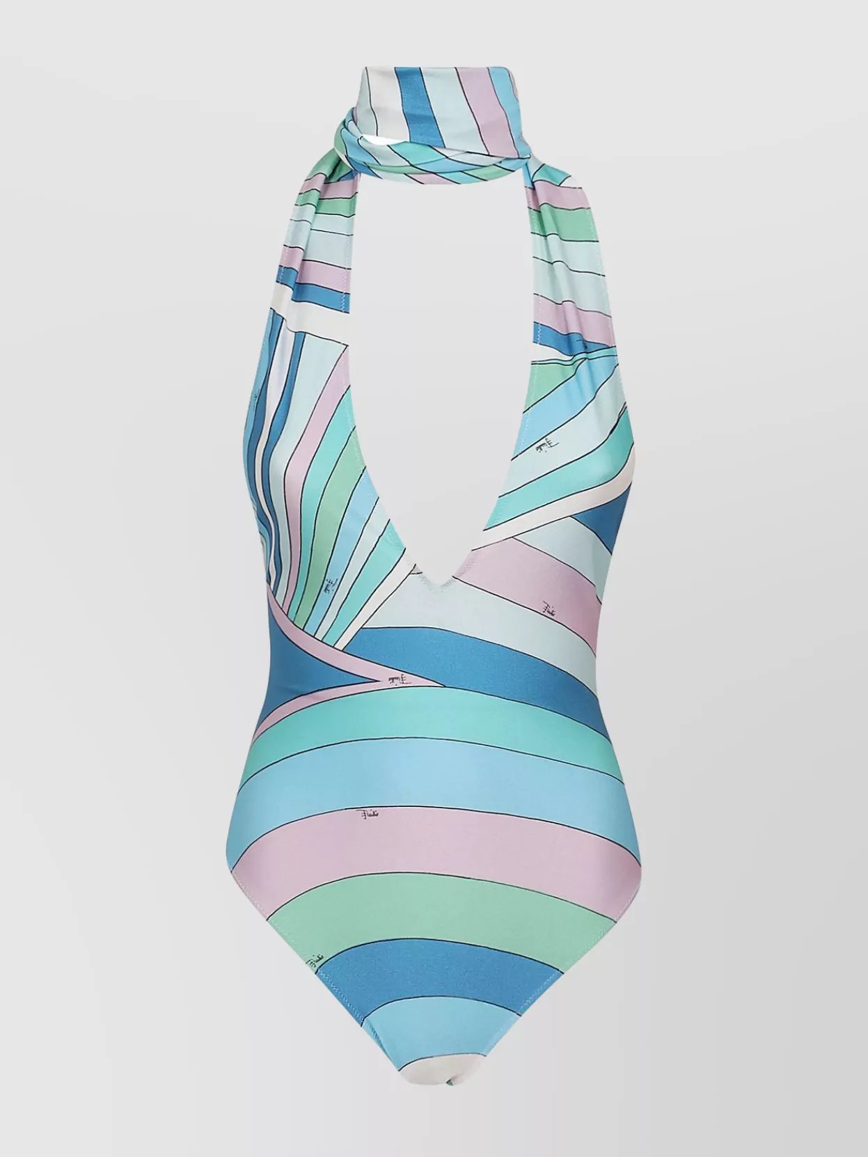 Shop Emilio Pucci Shiny Lycra Striped Halter Neck Swimsuit