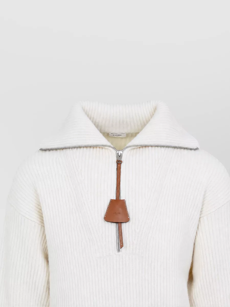 Celine Cashmere Wool Ribbed High-Collar Zip Sweater
