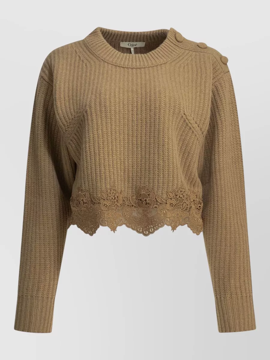 Chloé cashmere wool cropped ribbed lace-trim sweater
