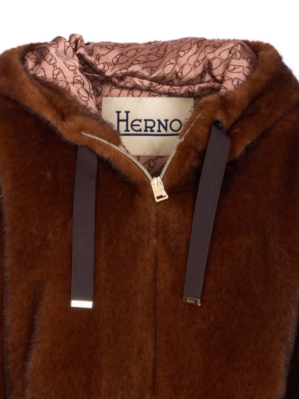 Herno Faux Fur Drawstring Hooded Bomber Jacket In Brown