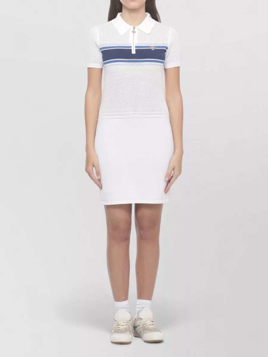 Casablanca Ribbed Perforated Striped Polo Mini Dress