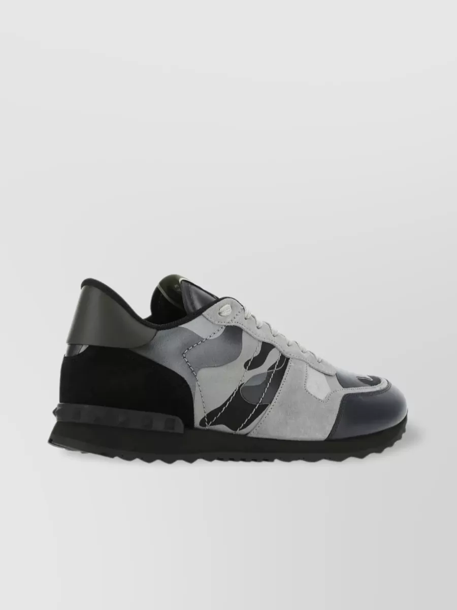 Valentino Rockrunner Camouflage Sneakers With Multicolor Fabric And Nappa Leather In Black