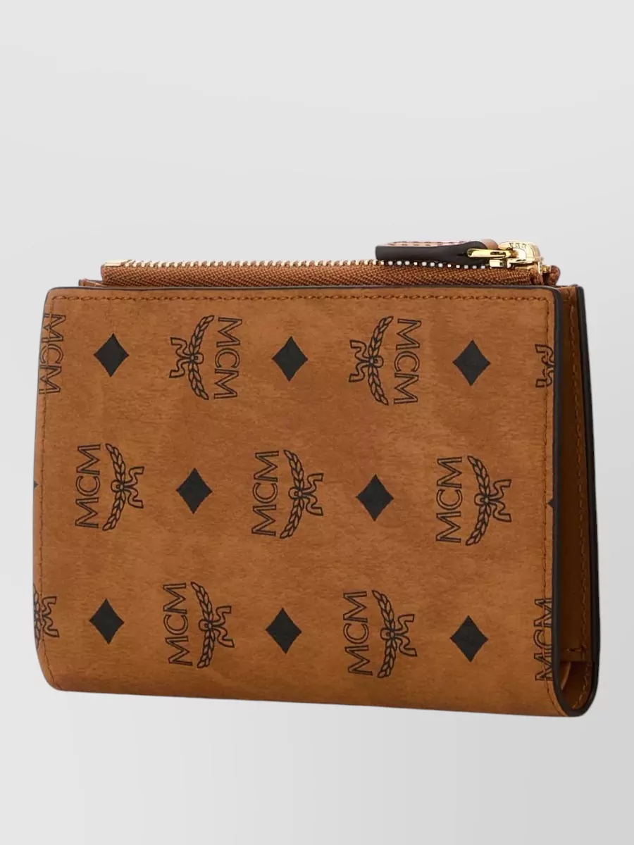 Mcm Logo Printed Zip Wallet In Gold