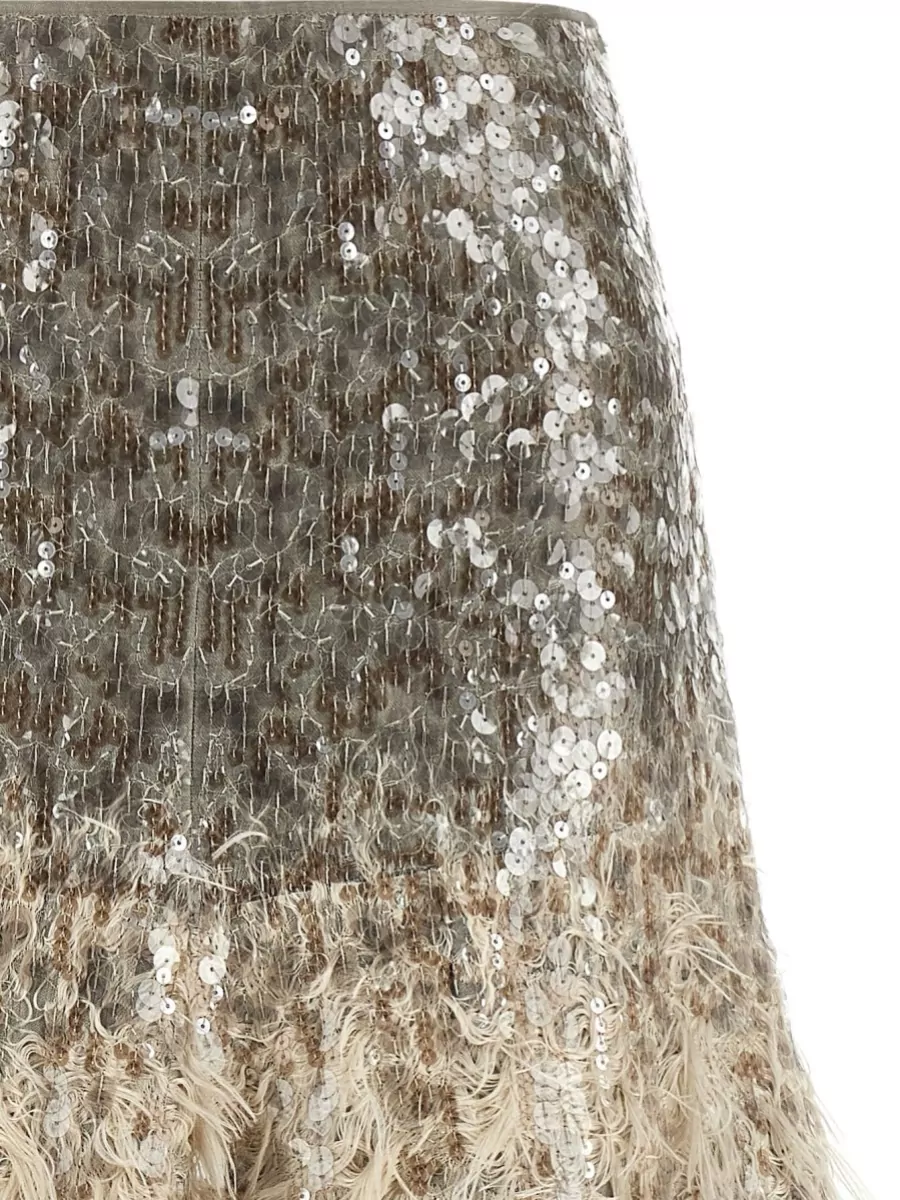 Brunello Cucinelli Silk Sequin-Embellished Fringe Midi A-Line Skirt