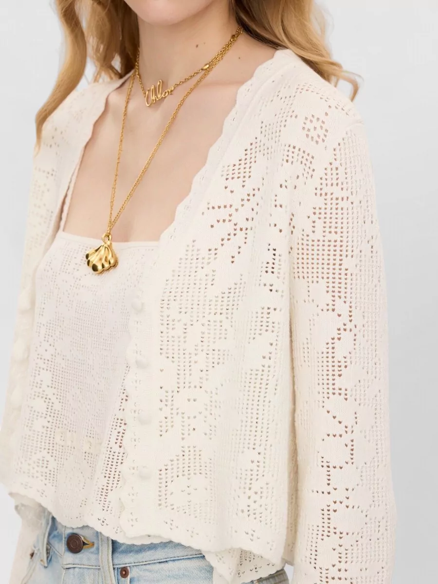 Chloé Cotton Cropped Pointelle-Knit V-Neck Long-Sleeve Cardigan