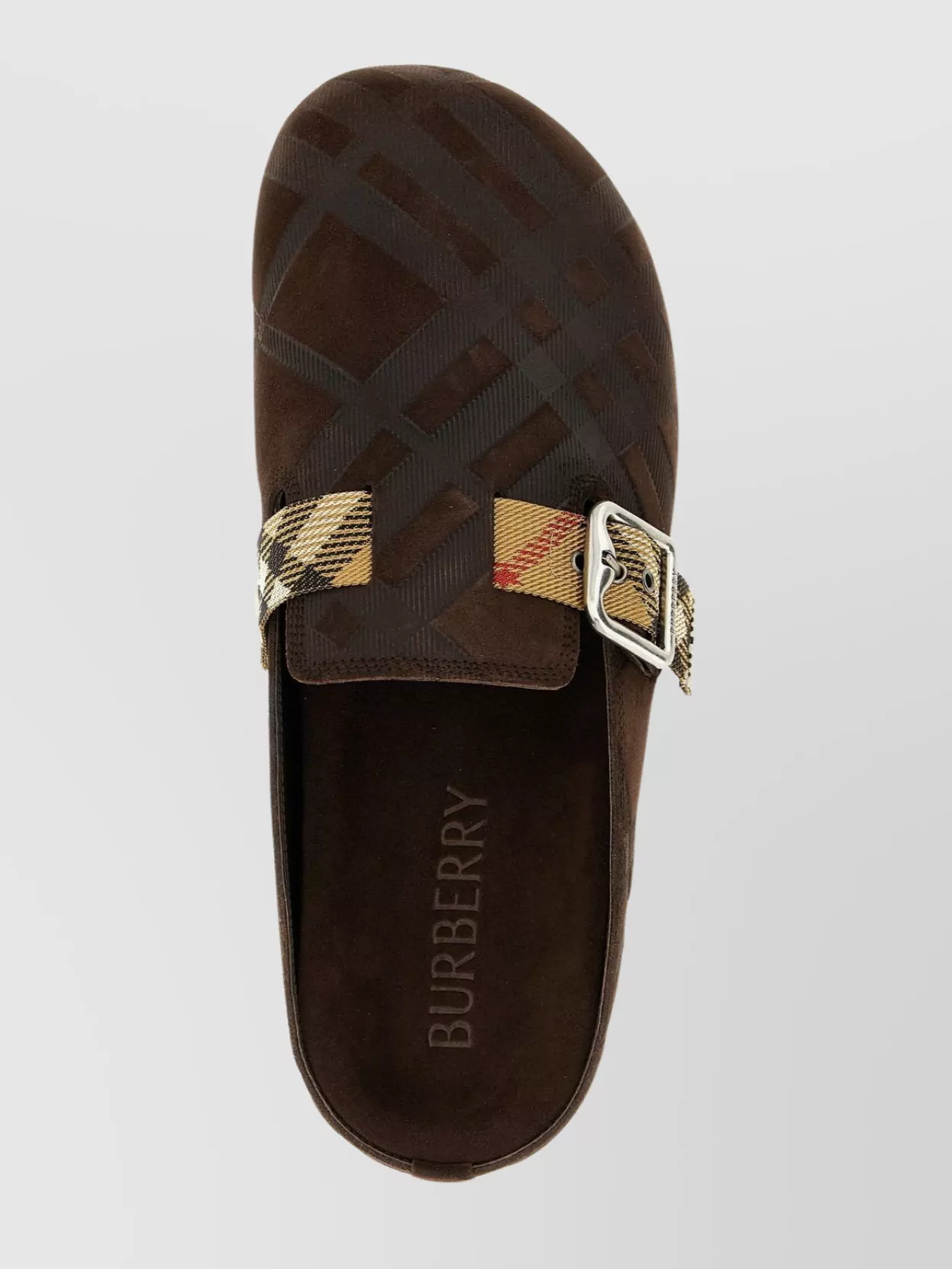 Burberry Strap Patterned Round Toe Rubber Sole Slip-on In Brown