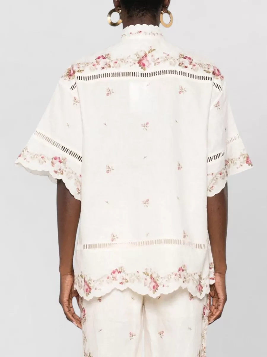 Zimmermann Floral Print Lace Trim Short Sleeve Linen Shirt