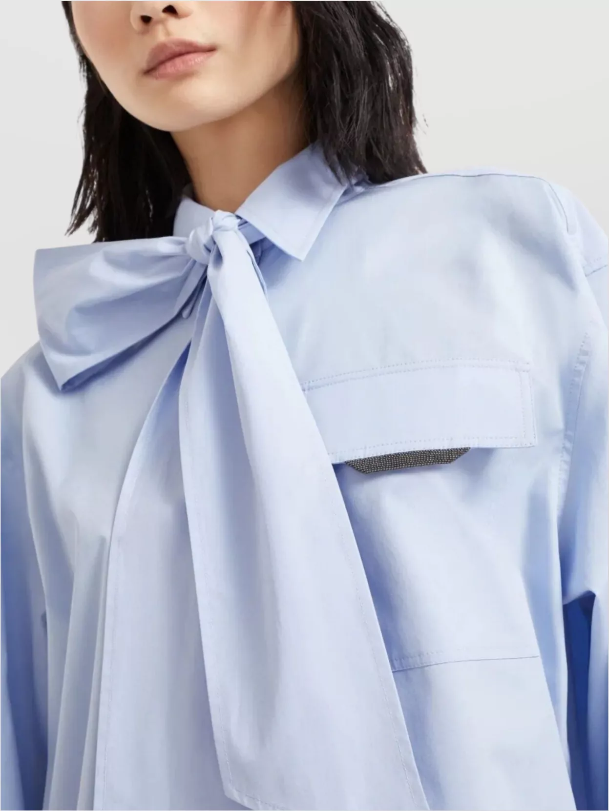 Brunello Cucinelli Long Sleeve Collared Shirt With Bow Detail In Blue