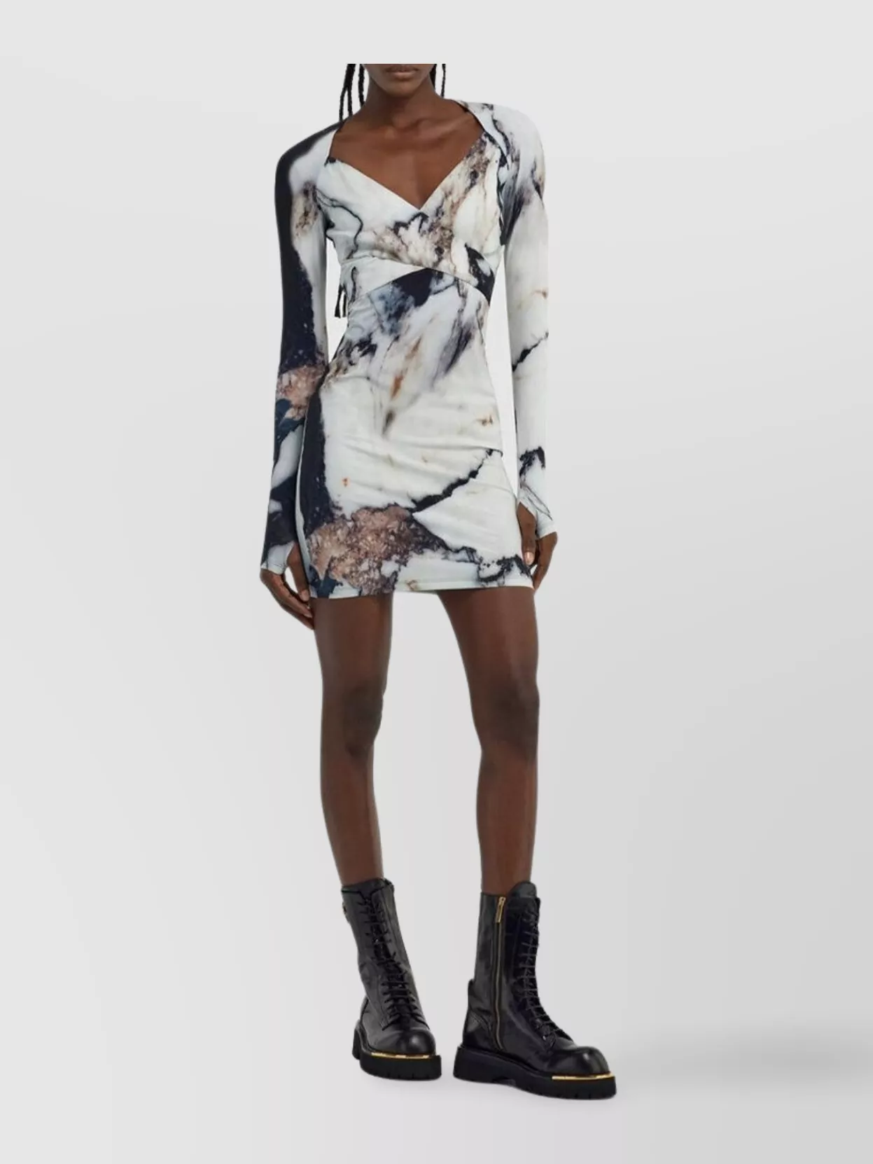 Roberto Cavalli Printed Abstract Fitted Mini V-neck Dress In White