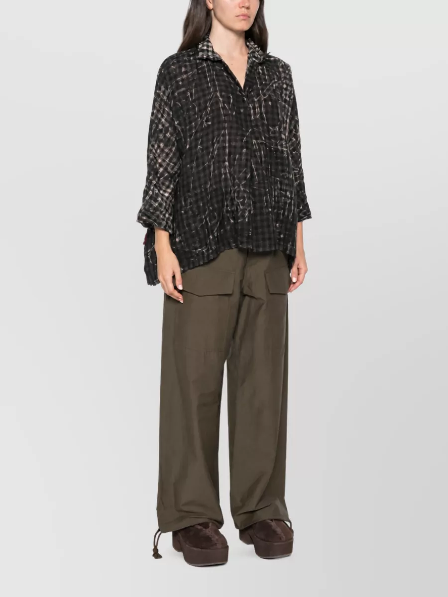 Daniela Gregis Wool Checked Crinkled V-Neck Long-Sleeve Blouse