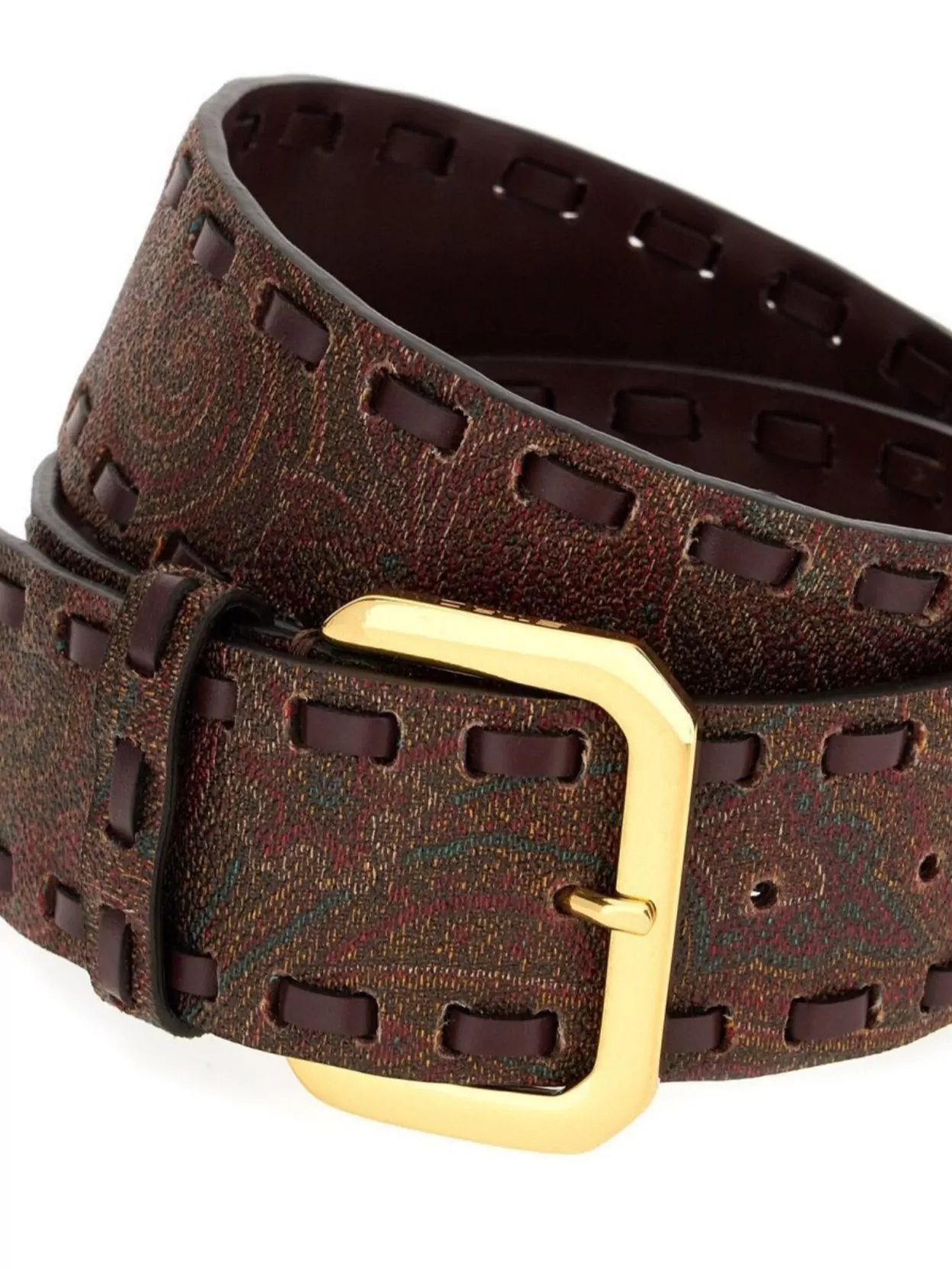 Etro Leather Belt With Printed Texture And Gold Buckle
