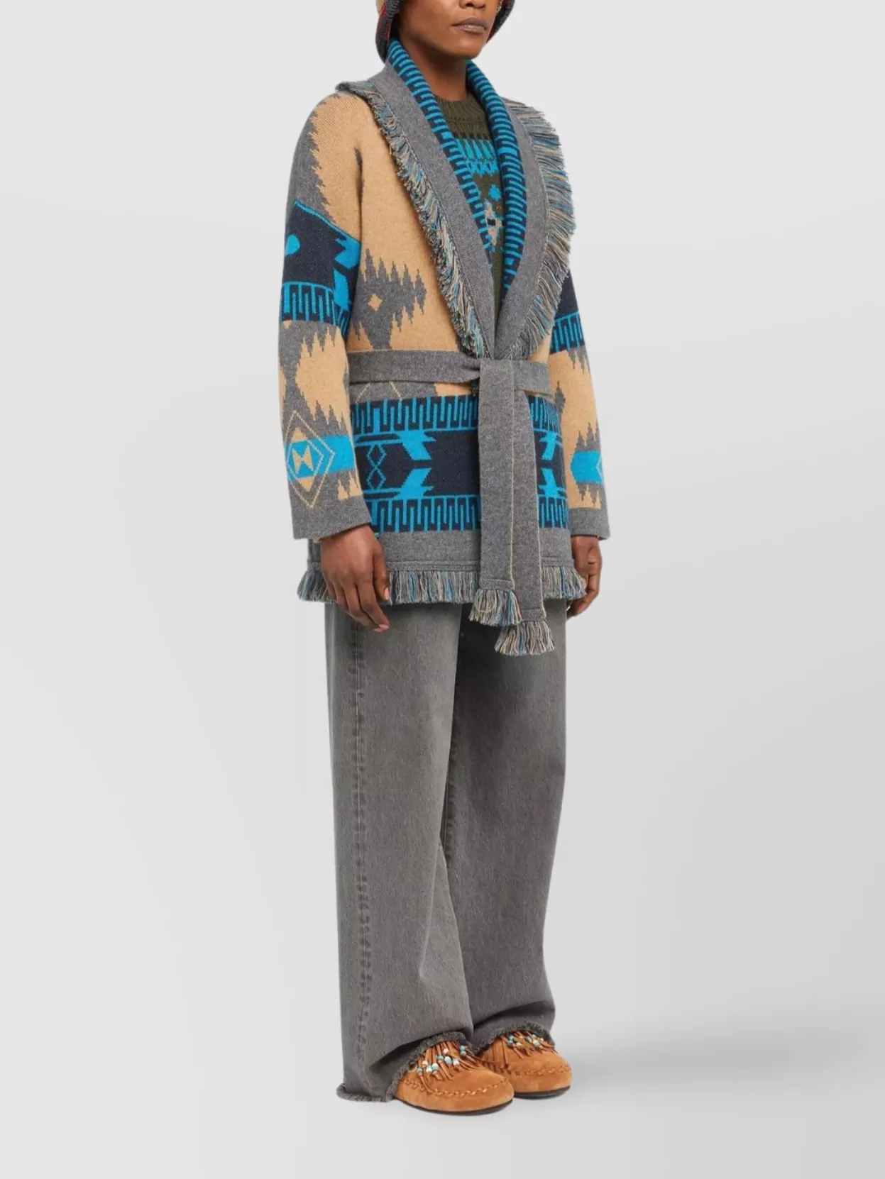 Alanui Geometric Jacquard Belted Fringe Cardigan