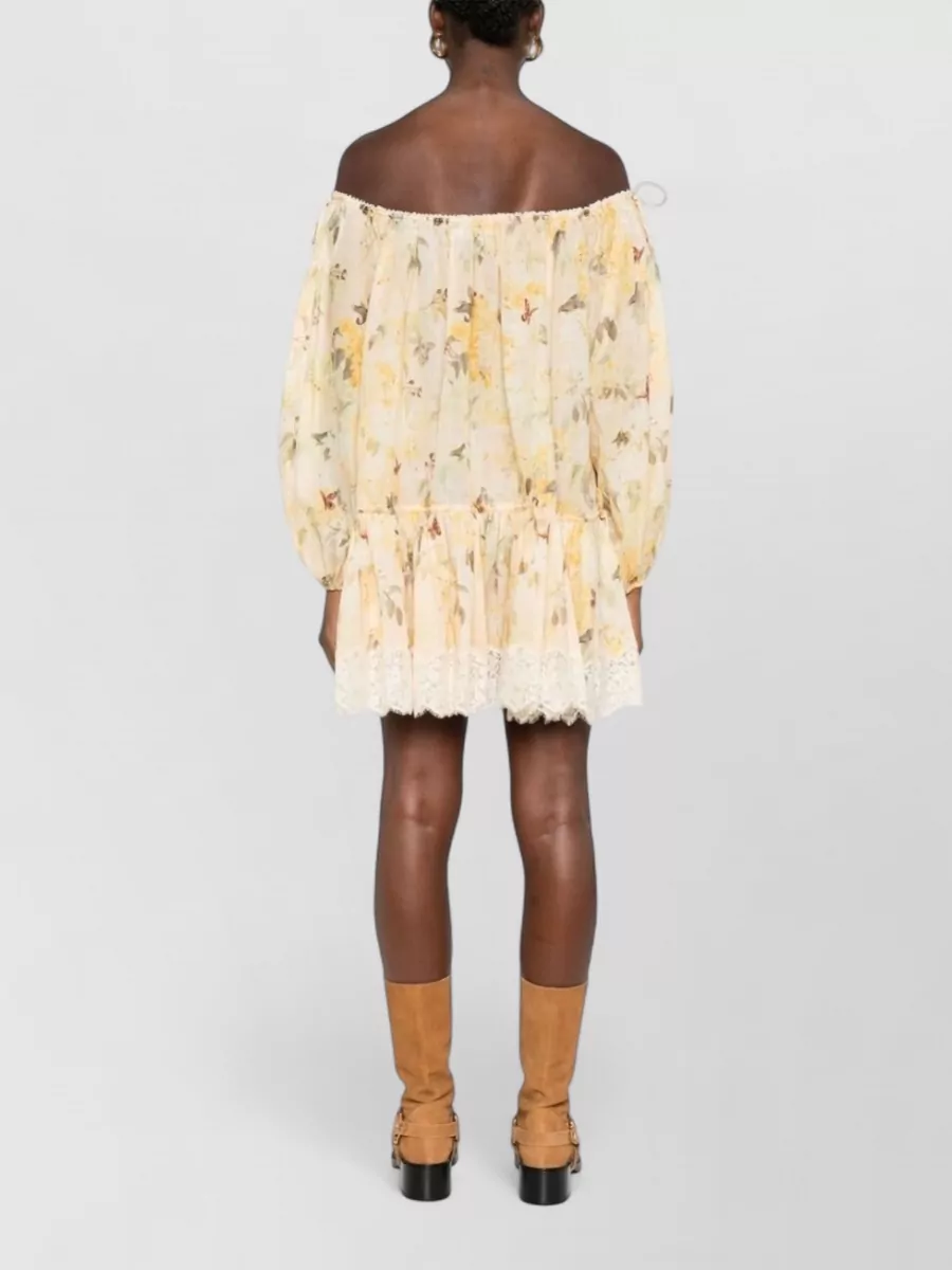 Zimmermann Cotton Floral-Print Off-Shoulder Long-Sleeve Tiered Mini Dress