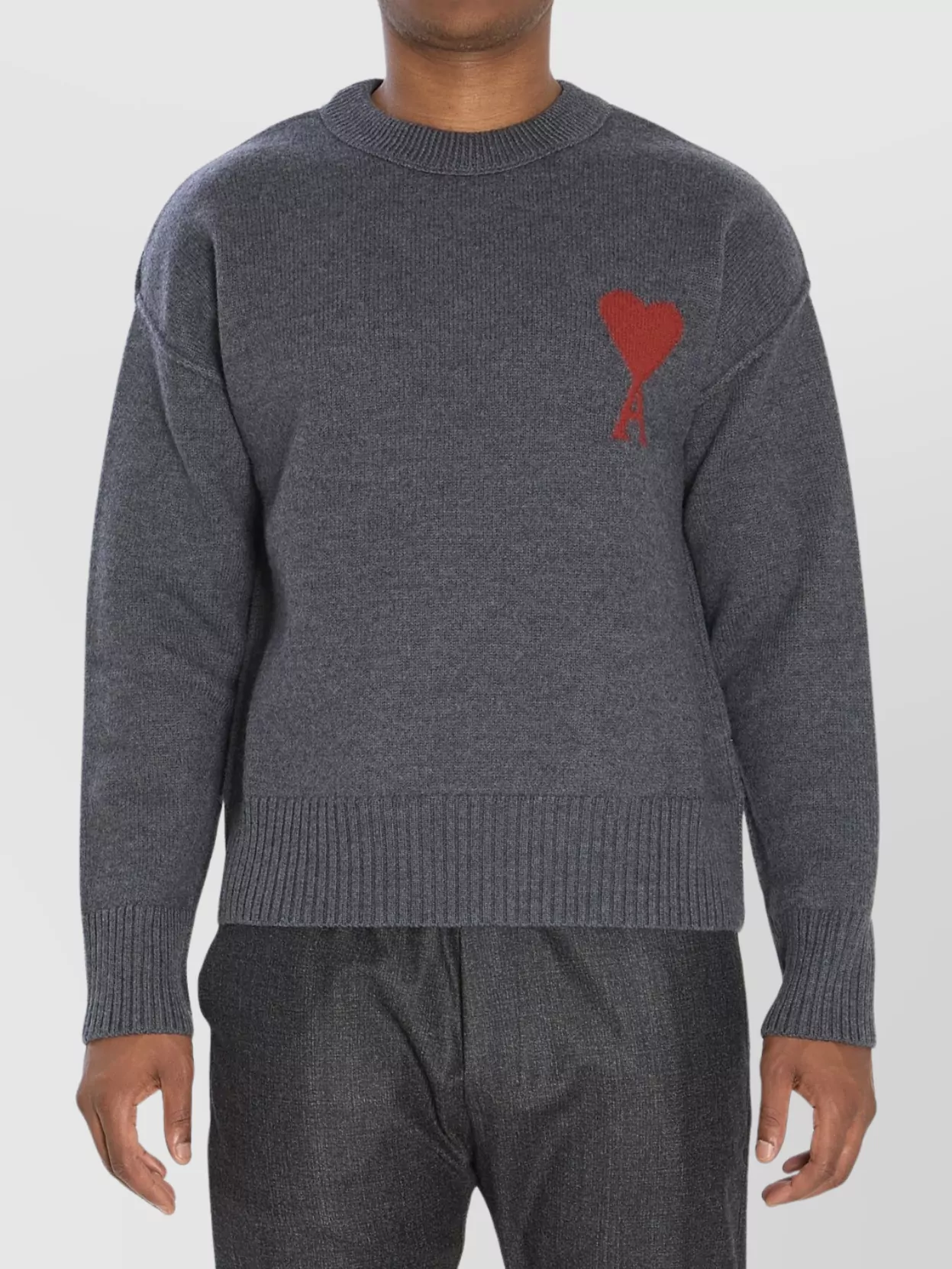 Ami Alexandre Mattiussi Heart Intarsia Wool Knit Crewneck Sweater In Gray