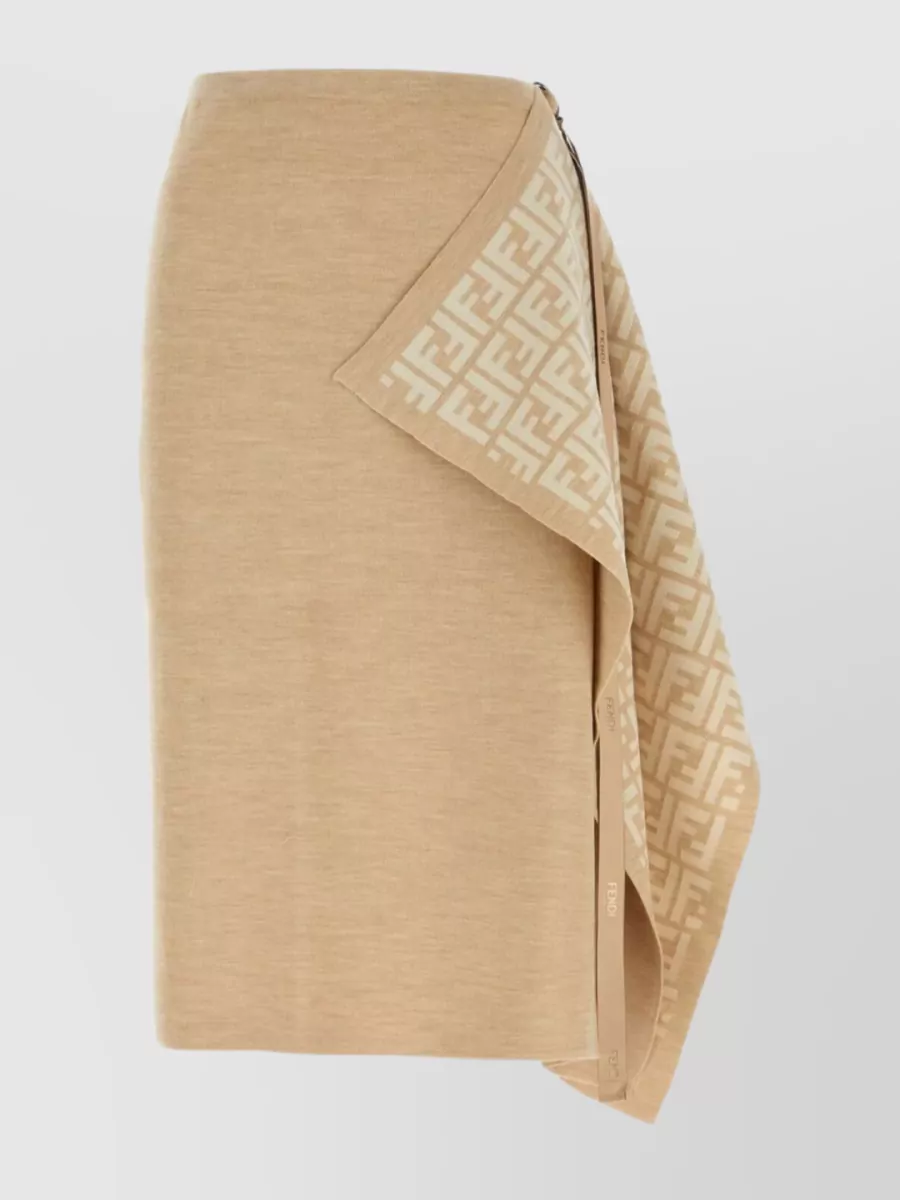 Shop Fendi Asymmetric Wool Blend Skirt With Logoed Ribbon In Brown