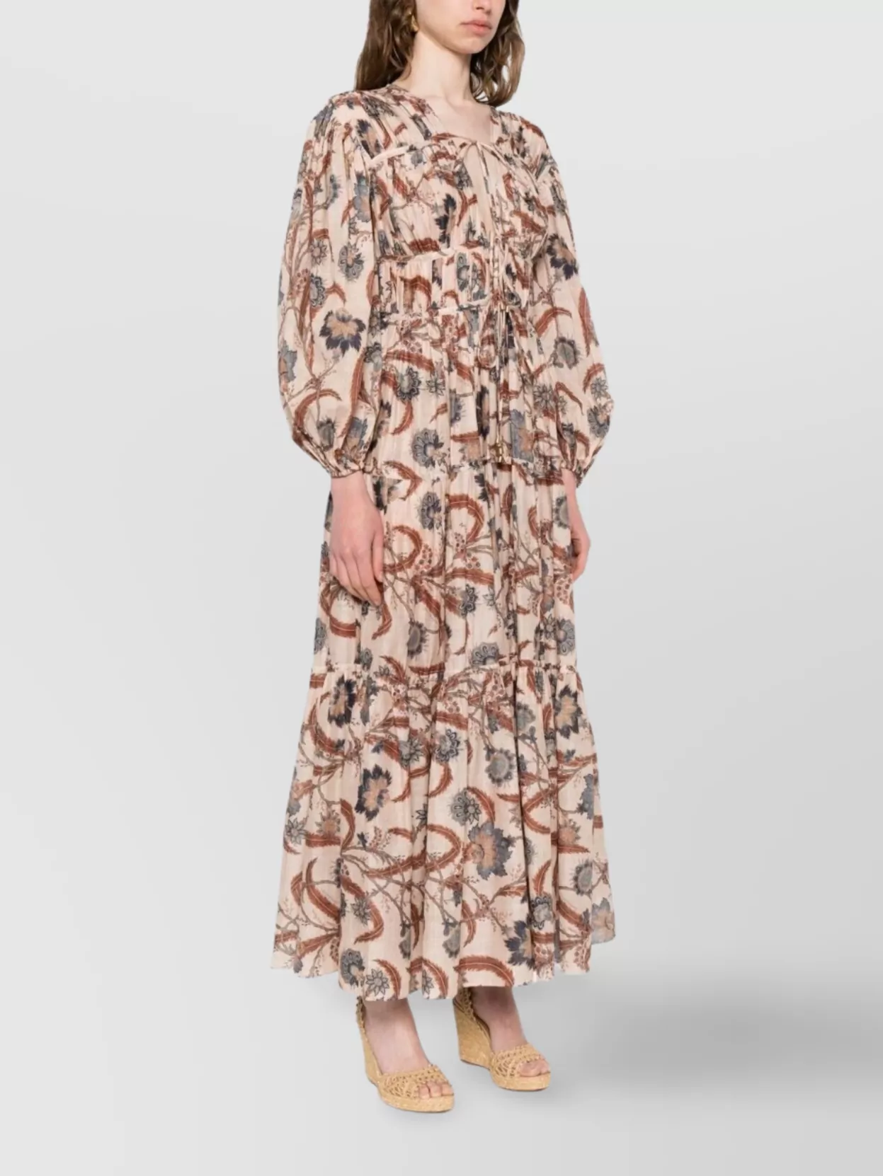 Zimmermann Tiered Floral V-Neck Long Sleeve Dress