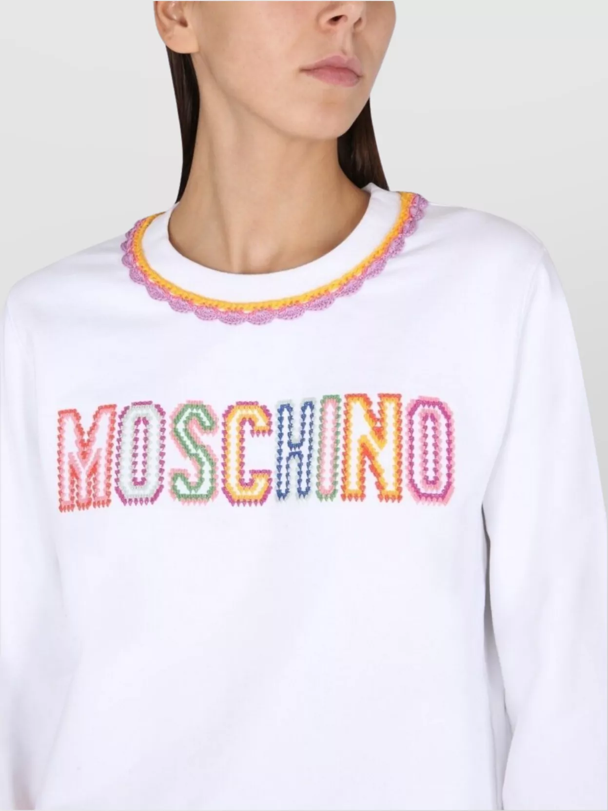 Moschino Fantasy Print White Crochet Details Cotton Sweatshirt
